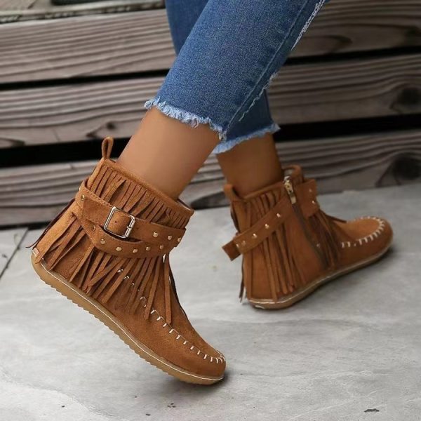 Retro Ankle Boots With Rivet Tassel Flat Shoes Women Winter Boots - Image 2