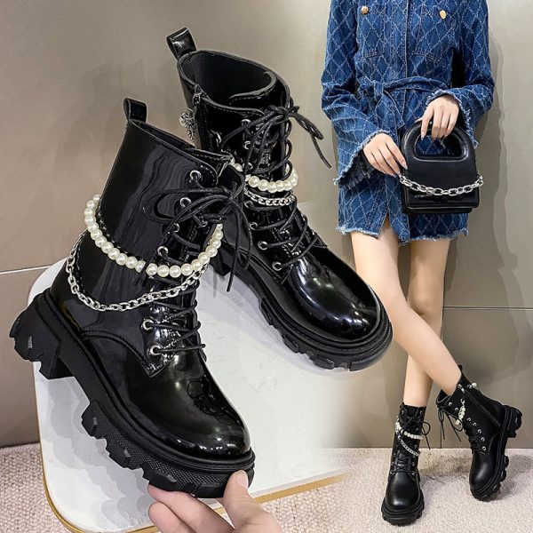 Fashion Women's Pearl Chain Platform Ankle Boots - Image 5