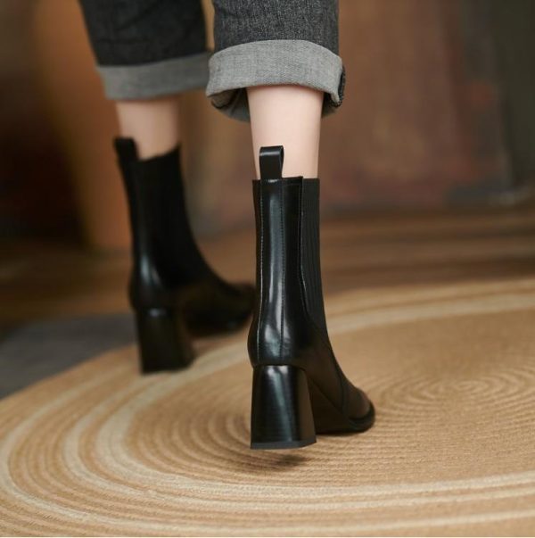Square Toe Vintage French Chunky Heel Women's New Brown Knitted Stretch Socks High Heel Ankle Boots - Image 9
