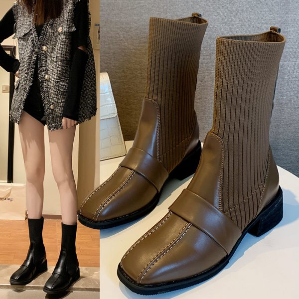 British Style Square Toe Mid-tube Knitted Martin Boots Women - Image 4