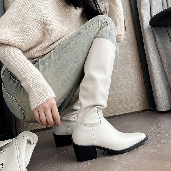 British Style Square Toe Mid-heel Thick Heel White Cowhide High Leg Boot Back Zipper - Image 3