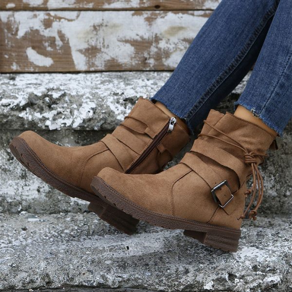 Round Toe Buckle Shoes Casual Retro Boots With Side Zipper Low Heel Outdoor Non Slip Ankle Boots For Women - Image 4