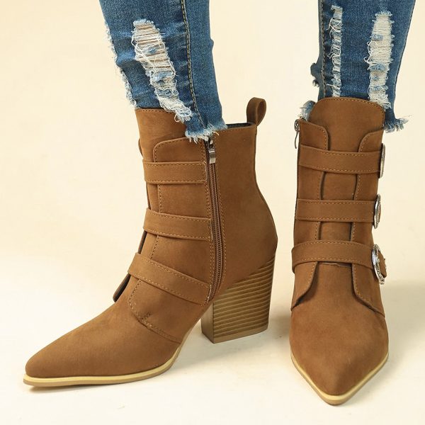 Chunky Heel Pointed Toe Boots With Belt Buckle Design Retro Mid-calf Boot Fashion Fall Winter Shoes For Women - Image 4