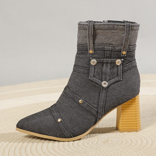 Denim Pointed Toe Chunky Heel Martin Boots Women - Image 3