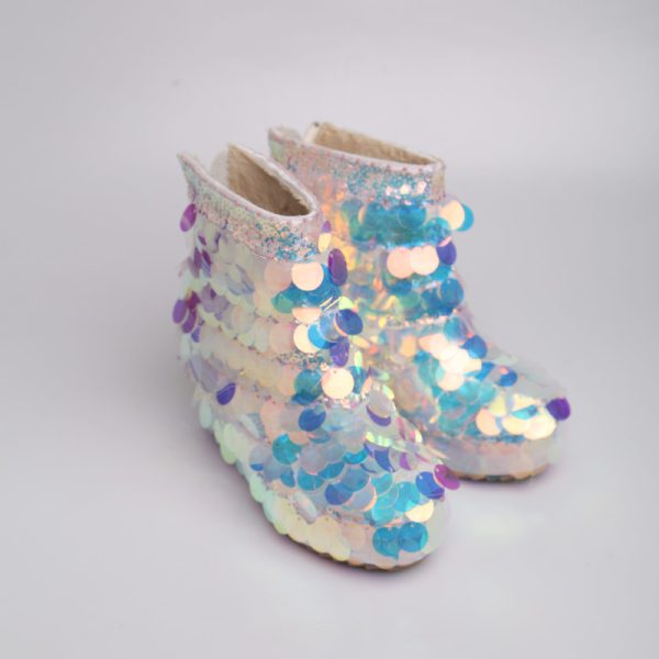 Big Sequin Short Boots Round Toe Back Zipper White Warm Fashion - Image 3