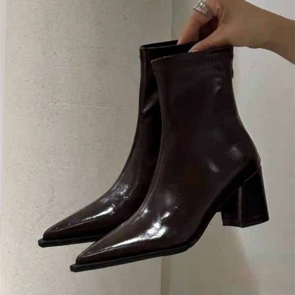 Women's Chunky Heel Back Zipper High Heel Pointed Ankle Boots - Image 6