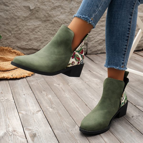 Flowers Printed Ankle Boots Fashion Side Zipper V-cut Square Heel Shoes For Autumn Winter Pionted Toe Boot Women - Image 6