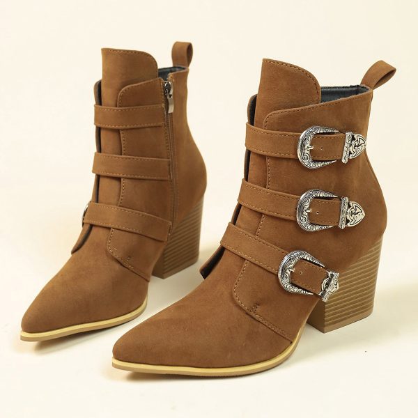 Chunky Heel Pointed Toe Boots With Belt Buckle Design Retro Mid-calf Boot Fashion Fall Winter Shoes For Women - Image 9