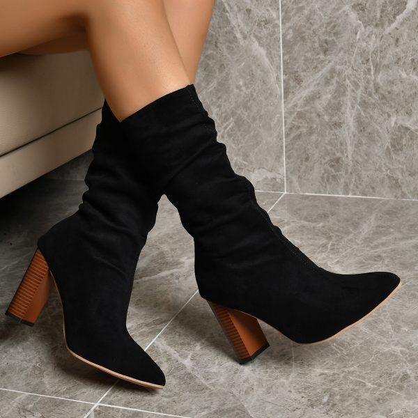 Pointed Toe High Block Heels Boots Woman Winter Warm Mid-calf Suede Long Boots New Fashion Trendy Solid Shoes For Party Lady - Image 2