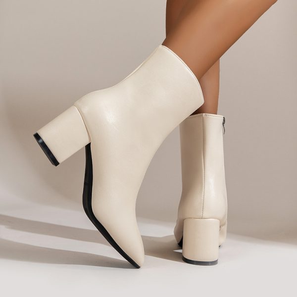 Chunky Heel Pointed Toe Boots With Side Zipper Fashion Mid-calf Boot For Women Shoes - Image 8