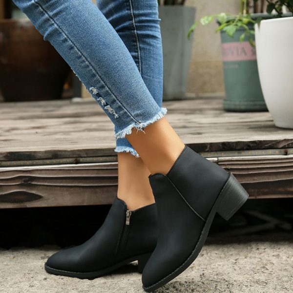 Ankle Boots Women Chunky Mid Heel Shoes Waterproof Side Zipper Boots - Image 2