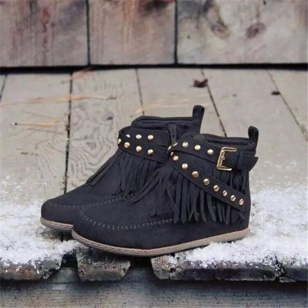 Retro Ankle Boots With Rivet Tassel Flat Shoes Women Winter Boots - Image 6