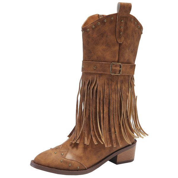 Retro Tassel Boots With Rivet Strap Buckle Design Shoes For Women Winter Footwear Fashion Mid-calf Square Heel Knight Western Boots - Image 8