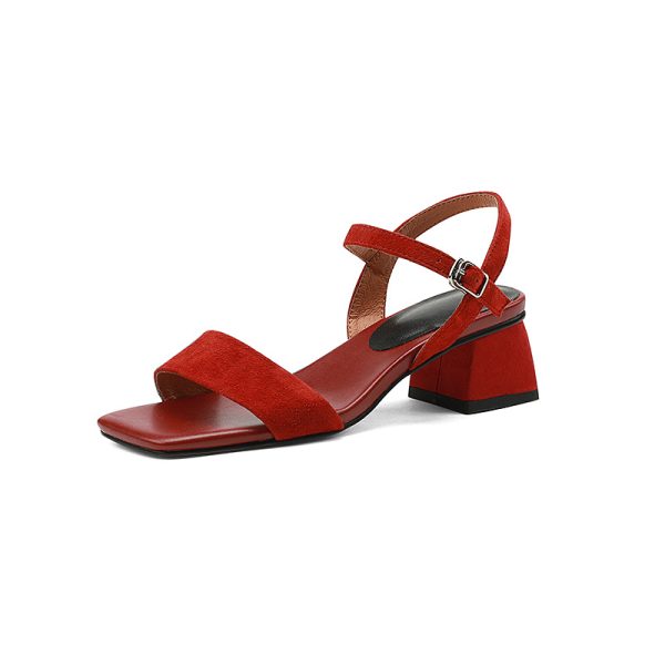 Women's Chunky Heel Vintage Leather Word Buckle Sandals - Image 2