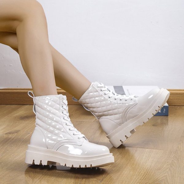 Lace-up Thick-heeled Boots Winter Casual Round Toe Platform Ankle Boots Women Fashion Quilted Pattern Minimalist Motorcycle Shoes - Image 5