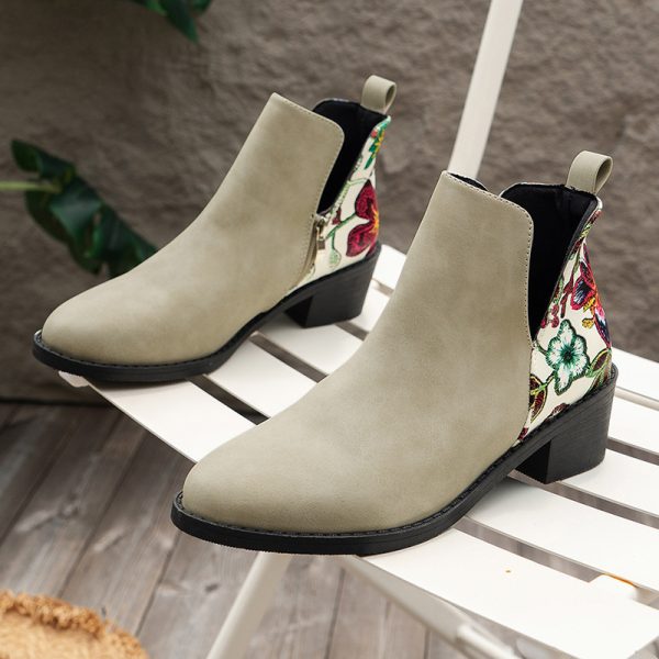 Flowers Printed Ankle Boots Fashion Side Zipper V-cut Square Heel Shoes For Autumn Winter Pionted Toe Boot Women - Image 8