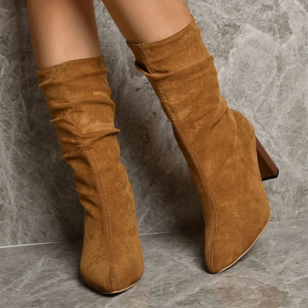 Pointed Toe High Block Heels Boots Woman Winter Warm Mid-calf Suede Long Boots New Fashion Trendy Solid Shoes For Party Lady - Image 5