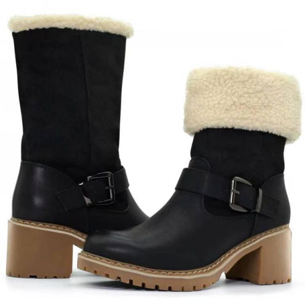 Fashion Boots With Buckle Chunky Heel Shoes Warm Winter Round Toe Western Boots For Women - Image 5