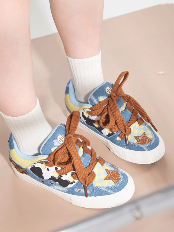 Cow Patterned Denim Canvas Patchwork Board Shoes - Image 4