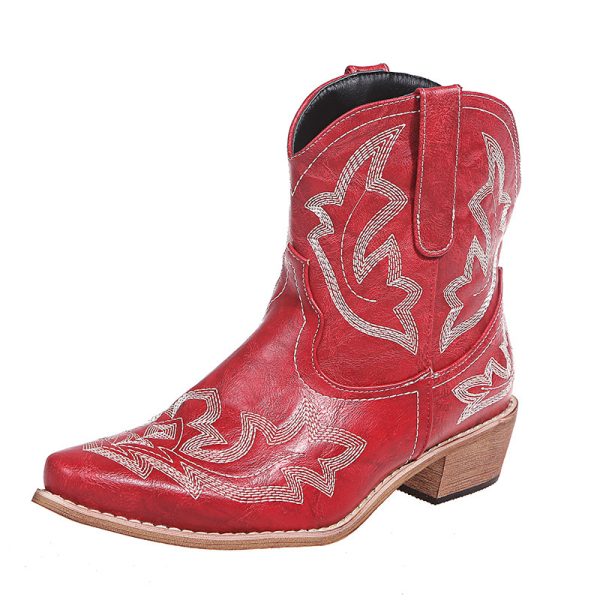 Pointed Embroidered Chunky Heel Women's Leather Boots - Image 7