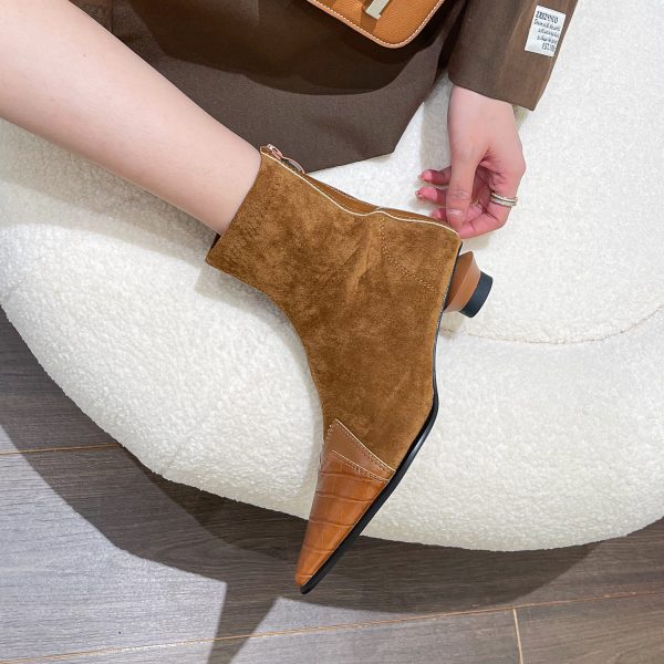 Retro Patchwork Pointed Boots Back Zipper Kitten Heel - Image 3