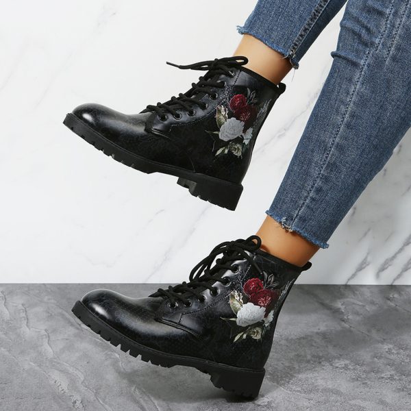 Halloween Shoes Rose Flower Print Lace-up Ankle Boots Women - Image 5