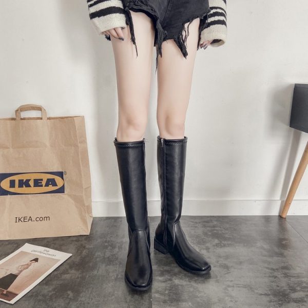 Side Zipper Chunky Heel Women's Leather Boots - Image 2