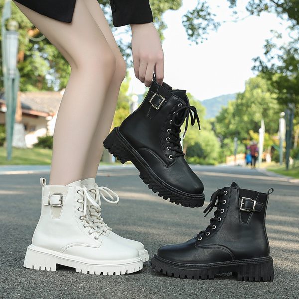 British Style Belt Buckle Lace Black Booties Autumn Winter Boots - Image 2