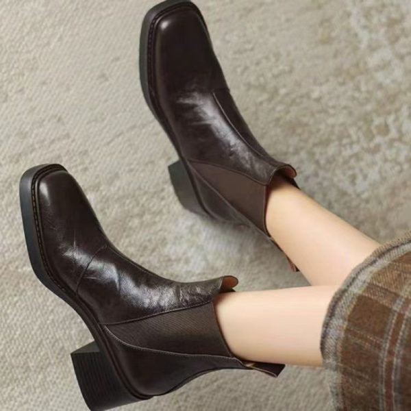 Women's Soft Leather Chunky Heel French Boots - Image 7