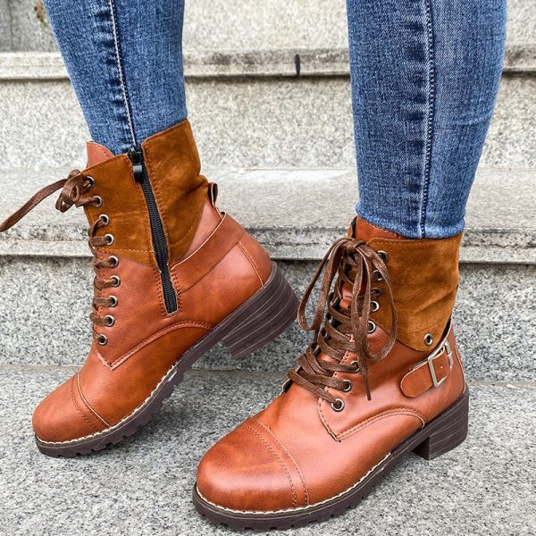 Lace-up Boots Winter Buckle Cowboy Boots Women Low Heel Shoes - Image 7