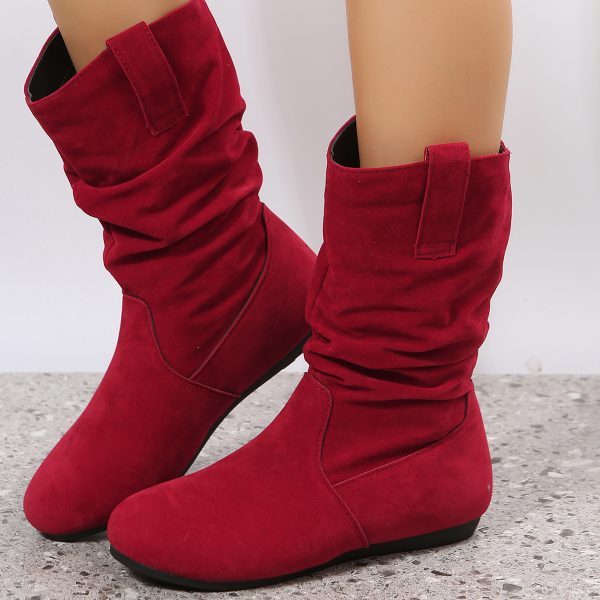 Round Toe Flat Boots Fashion Solid Color Suede Mid-calf Boot Winter Warm Shoes For Women - Image 4