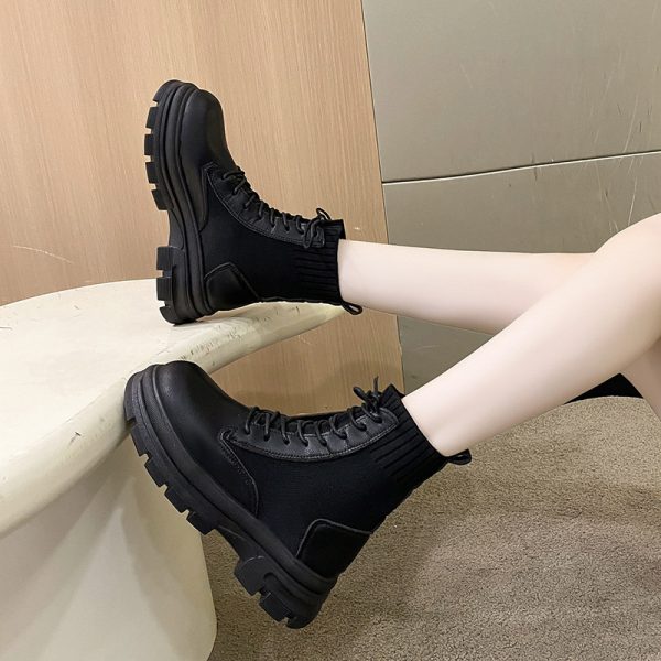 British Style Round Head Lace-up Knitted Mouth Casual Martin Boots Women - Image 5