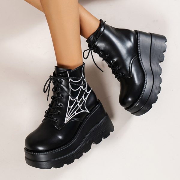 Platform Wedge Dr Martens Boots Autumn And Winter Spider Web Round Toe Lace-up Short Leather Boots - Image 2