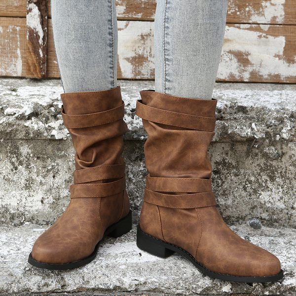 Low Heel  Vintage Adjustable Buckle Boots Women Combat Biker Western Goth Shoes - Image 3