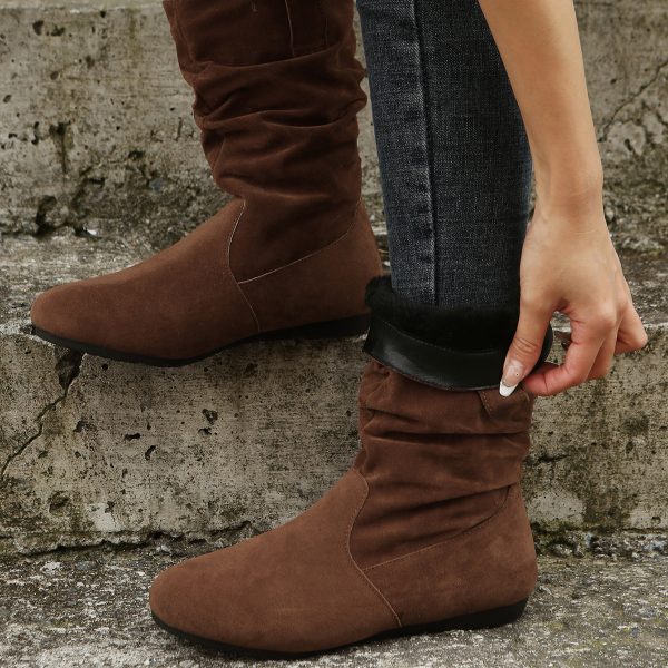 Round Toe Flat Boots Fashion Solid Color Suede Mid-calf Boot Winter Warm Shoes For Women - Image 3