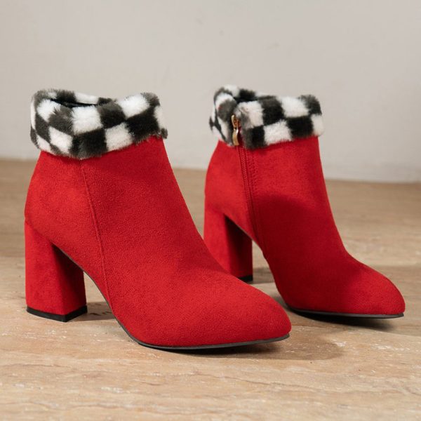 New Plaid Print Plush Ankle Boots Winter Fashoin Square Heel Suede Boots Women Casual Versatile Shoes Autumn And Winter - Image 5