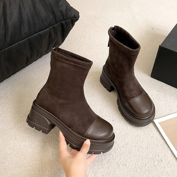 Retro Chunky Heel Versatile High-rise Suede Smoke Tube Boots - Image 4