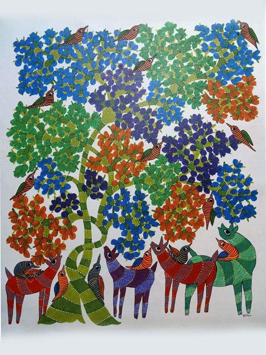 Megastores - Hand Painted Colorful Life around Tree Gond Art by