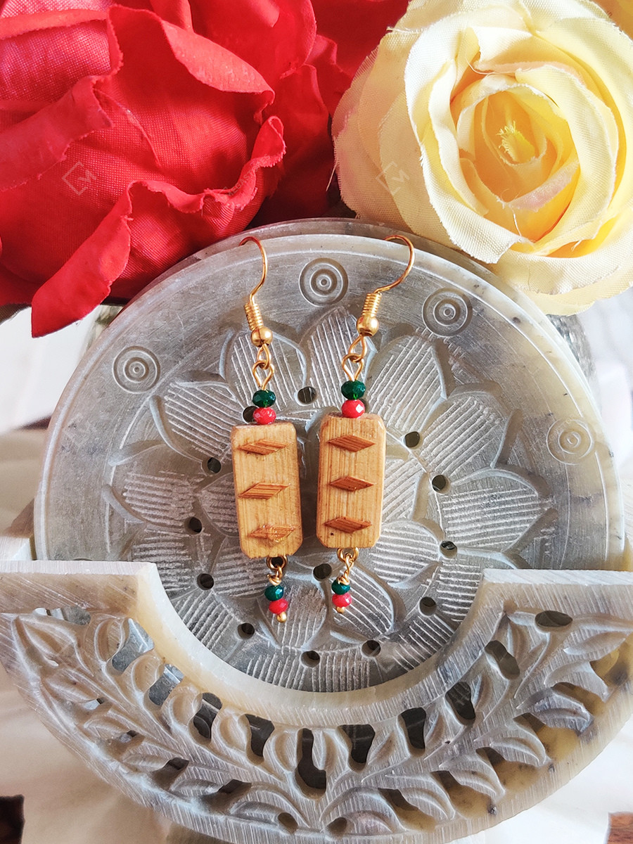 Megastores Handcrafted Rectangle Bamboo Earrings with Green Red