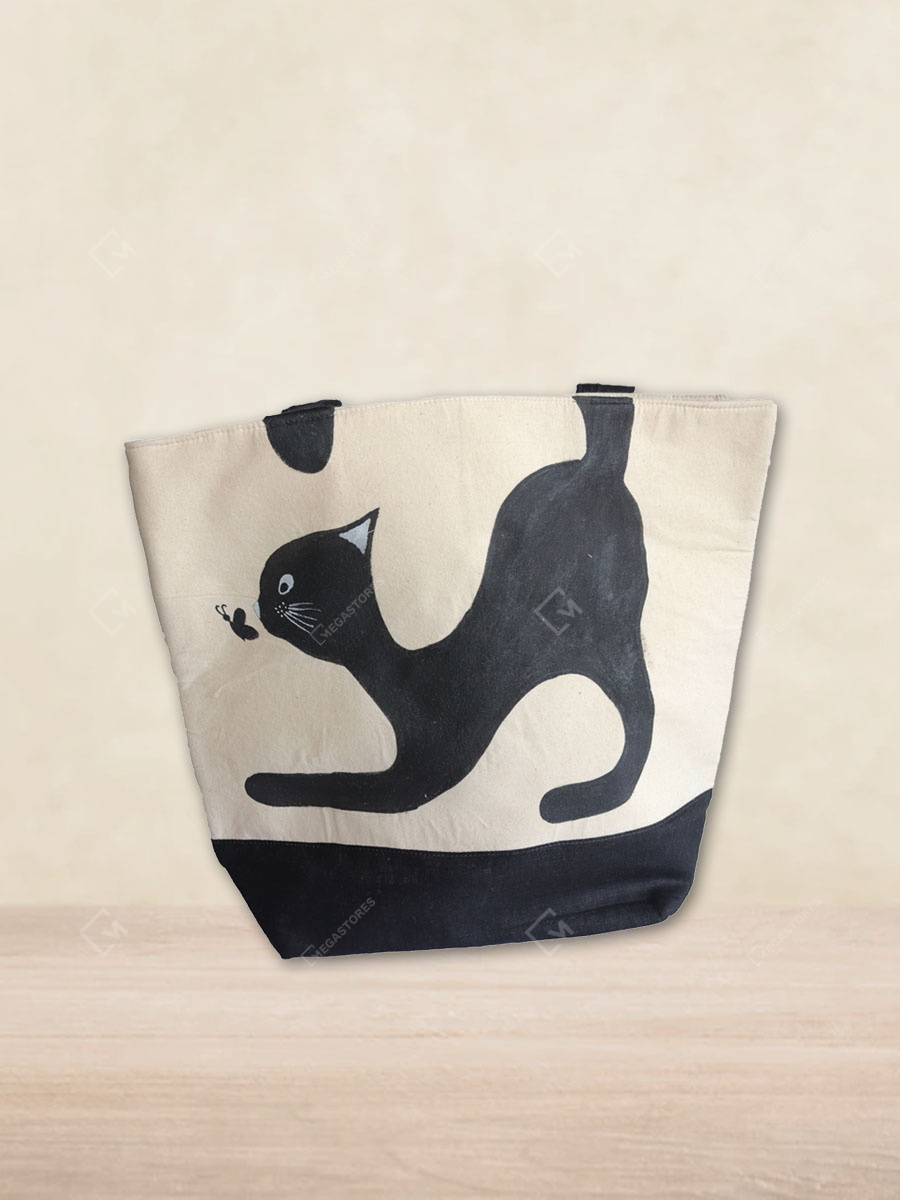 Megastores Handcrafted Black White Tote Bag with Cat Print by