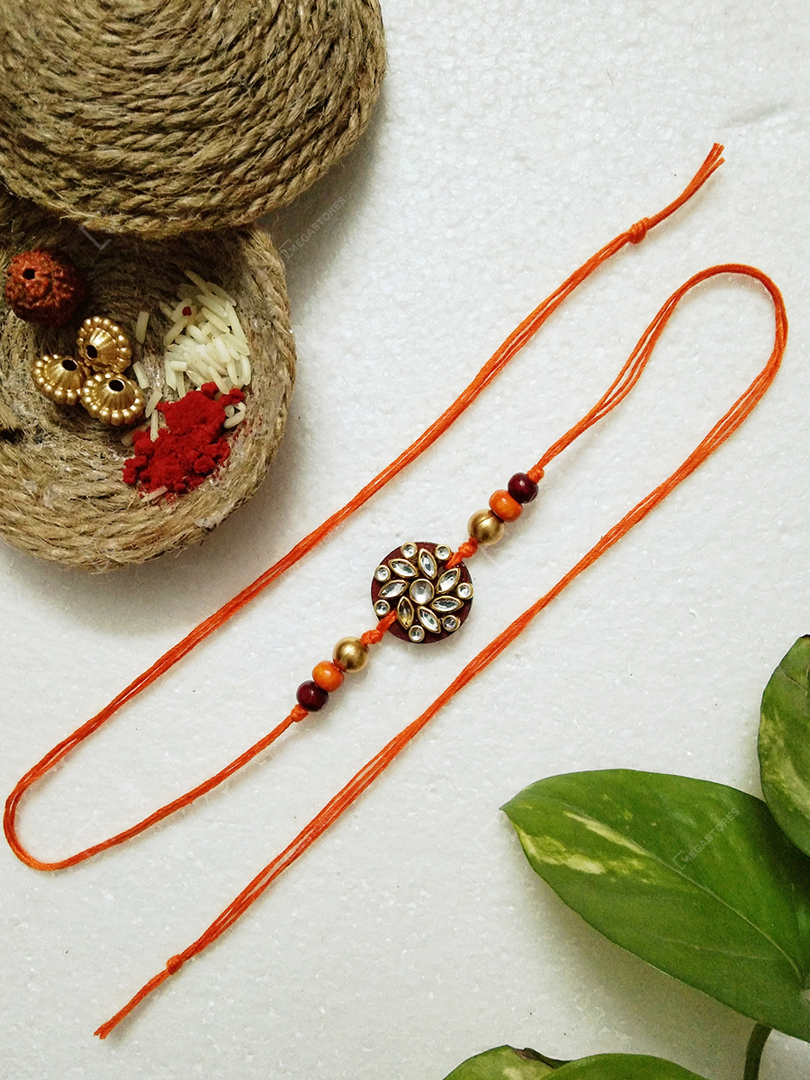 Megastores Handmade Beads Thread Orange Maroon Beautiful Rakhi