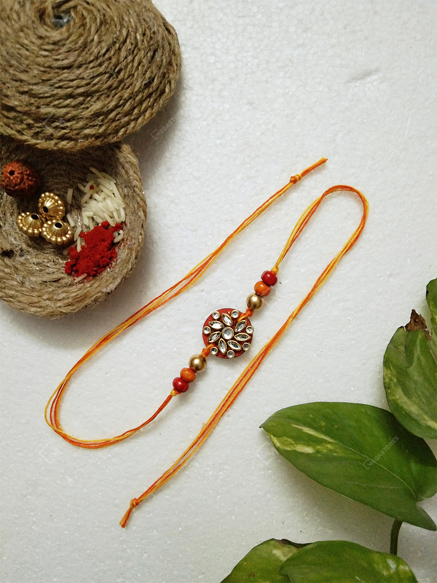 Handmade Beads Thread Red Yellow Floral Rakhi by