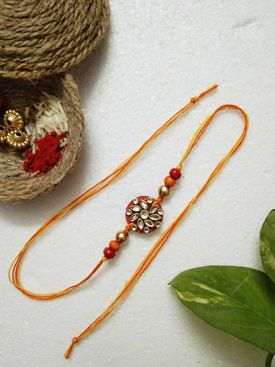 Handmade Beads Thread Red Yellow Floral Rakhi by