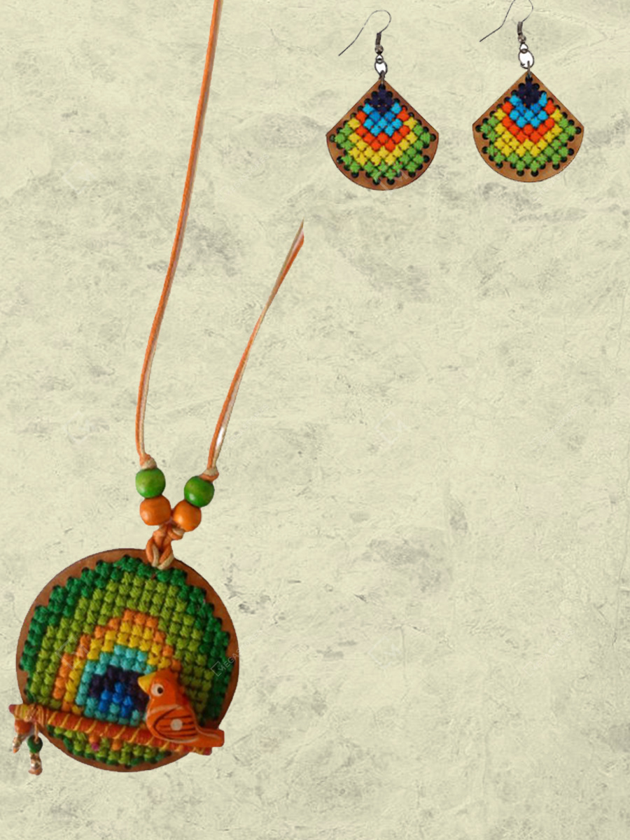 Megastores Peacock Round Cross Stitch Embroidery Wood Necklace