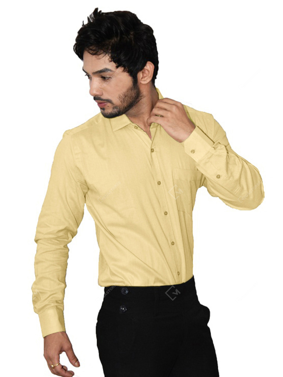 Muslin Handspun Formal Pale Yellow Full Sleeves Sh