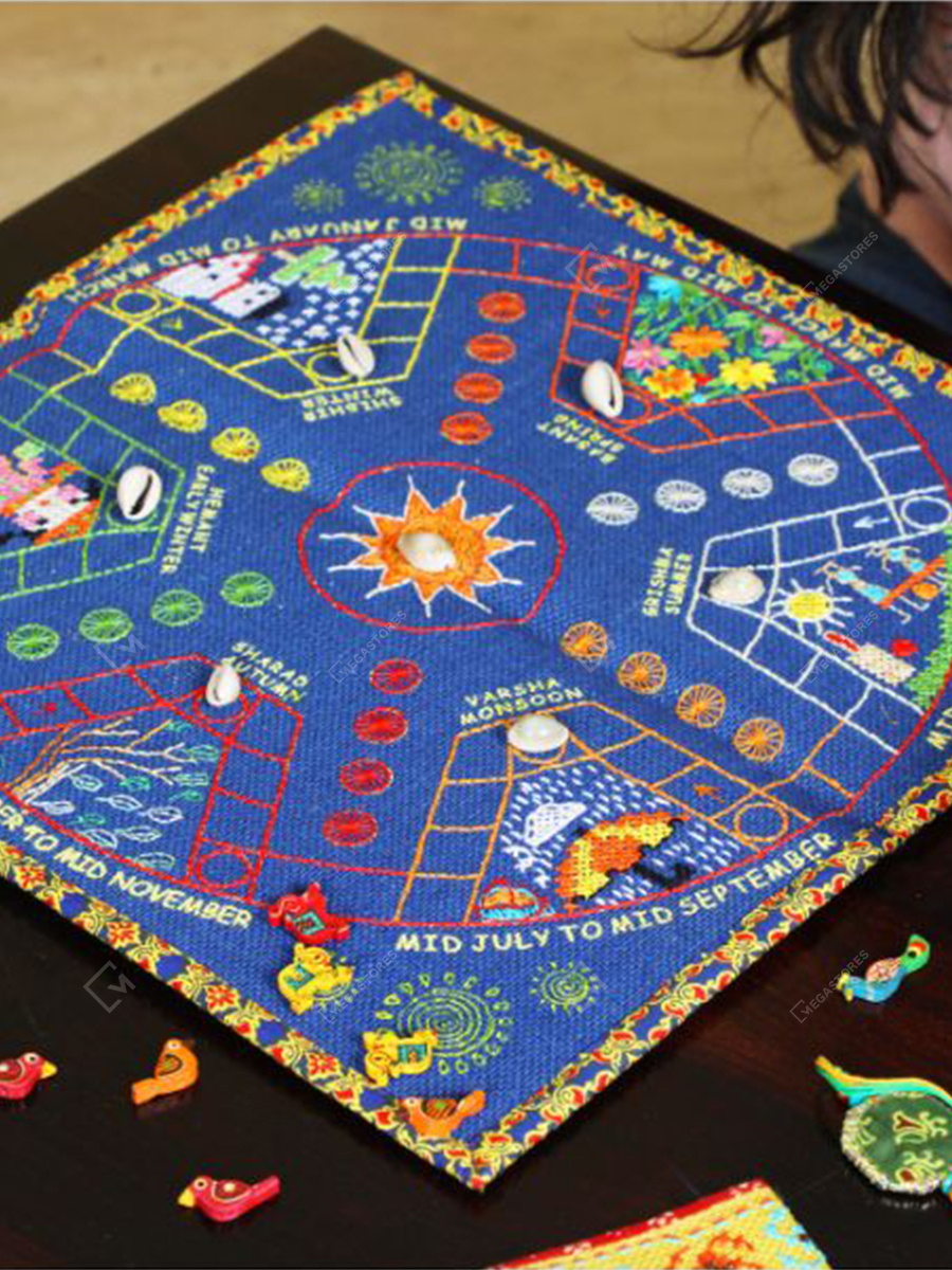 Megastores Handcrafted Wooden Motif Season's Ludo Game with Jute