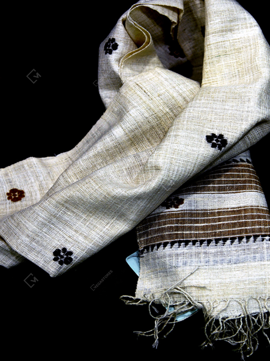Megastores Handwoven White Natural Dye Eri Silk Stole with Brown