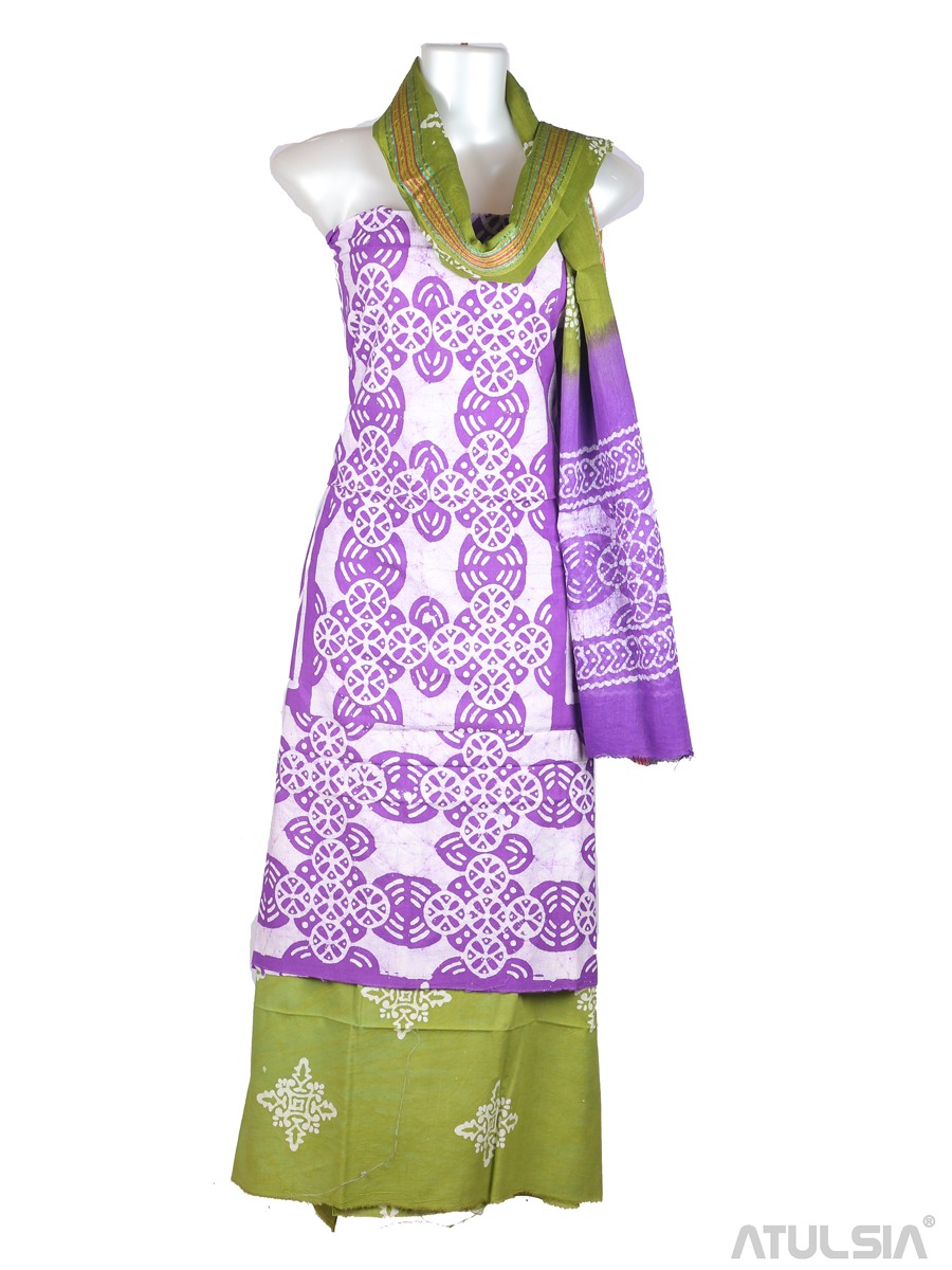 Megastores - VGS Batik Womens 100% Cotton 3 Piece Batik Unstitched Dress  Suit Purple and Green with Batik Block Print