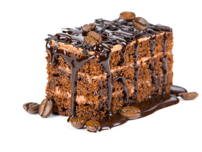 Generous slice of cake drizzled with chocolate syrup