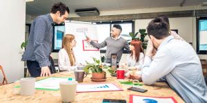 Brainstorming in a startup office